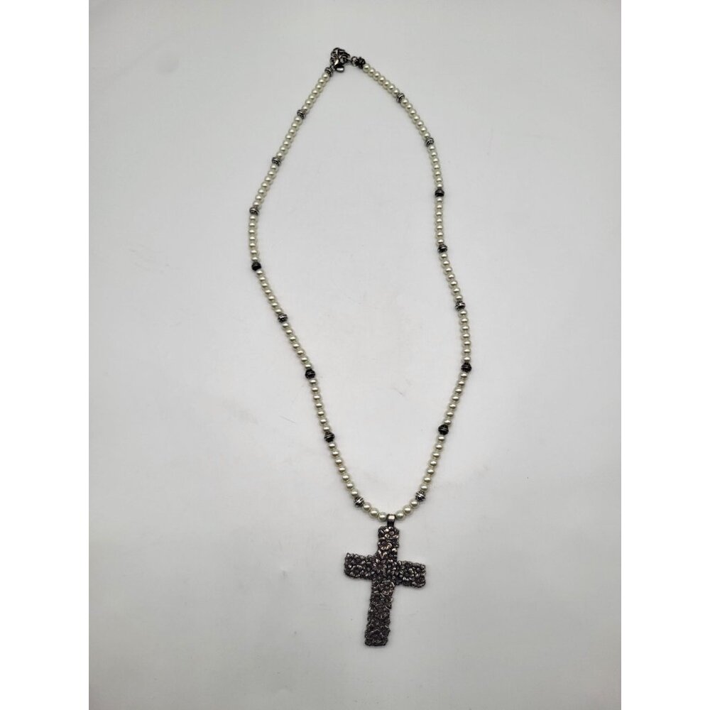 Brighton Lola Floral Cross Necklace Faux Pearl Beaded Long Statement Pendant - Picture 6 of 10